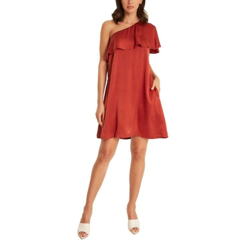 Secret Mission Karleen 100% Silk Mini Dress Terracotta One Shoulder Ruffle L NWT